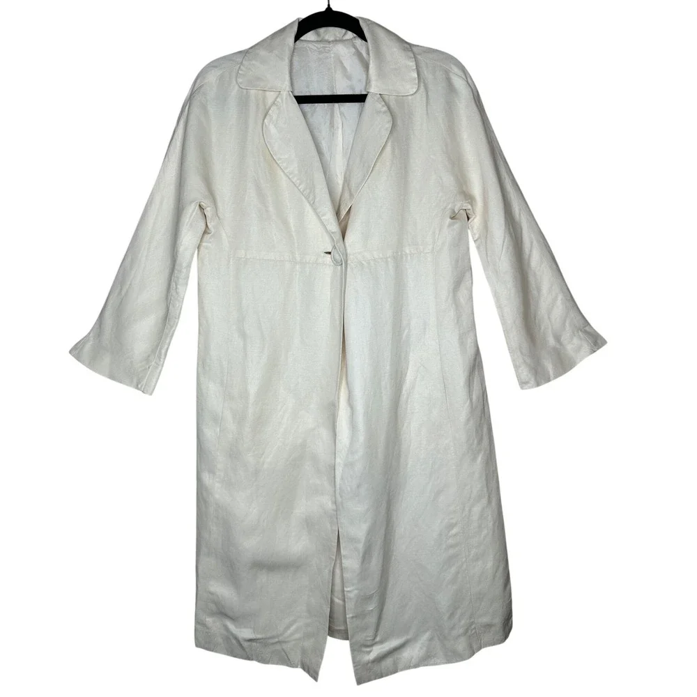 Boden Silk Linen Blend Trench Coat Cream 1‎ Button Front Long Sleeve Women's 8